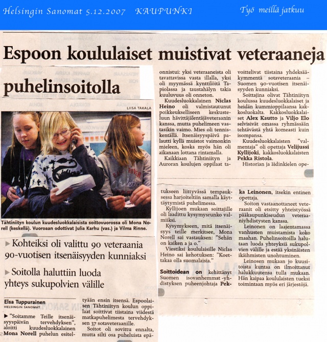 Espoolaiset koululaiset soittivat sotiemme Veteraaneille: kuuntelivat ja kyselivät.